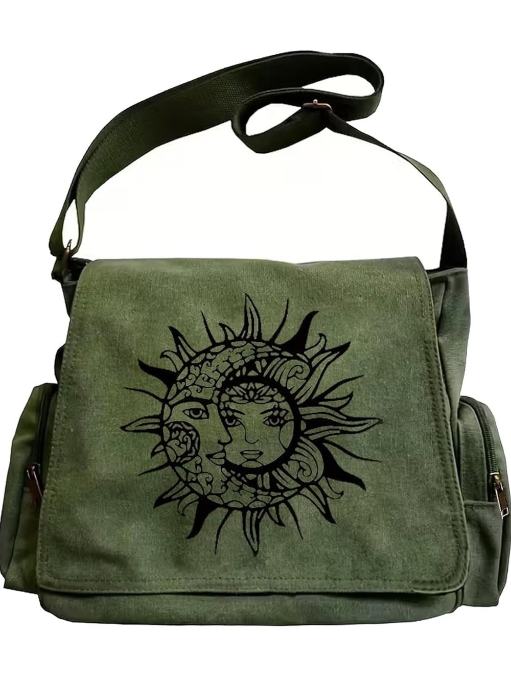 Olive Green Canvas Messenger Bag with Sun & Moon Design